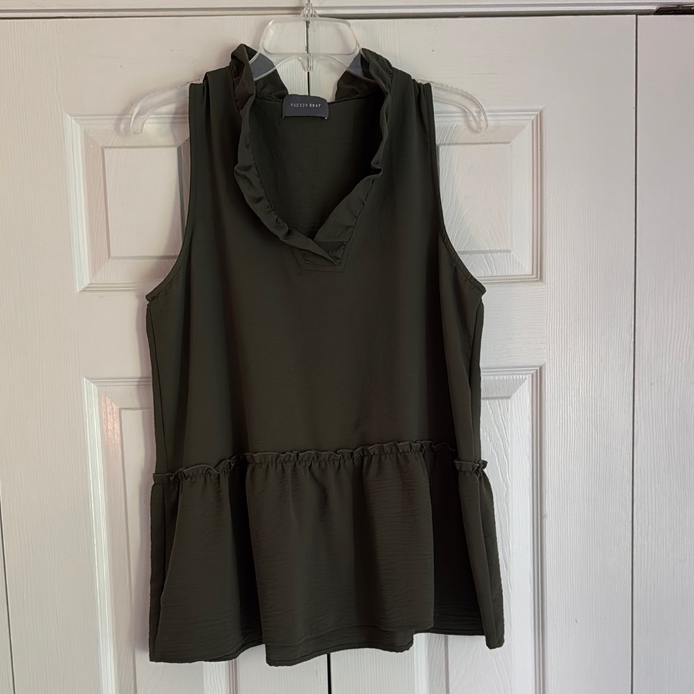 Army Green Sleeveless Ruffled Blouse